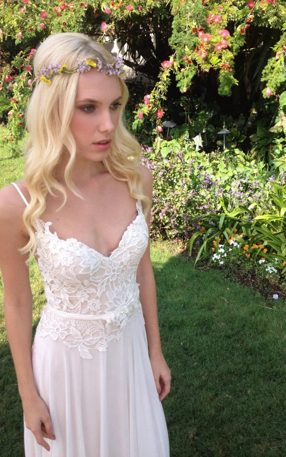 Chiffon Lace Weddig Dress With Beading Flower Lace-Up Back-711964