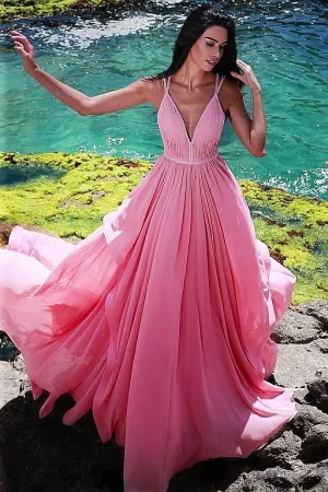 Chiffon Long Pink Dresses for Prom Party Gown with Pleated V-neckline Bodice