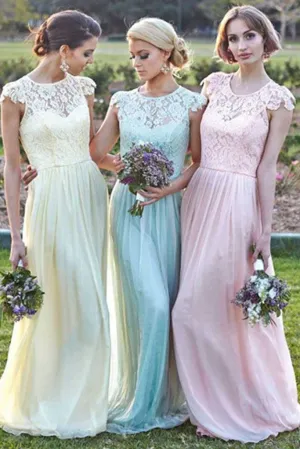 Chiffon Small Round Neck Lace Junior Cap Sleeve Long Bridesmaid Dresses, MB131