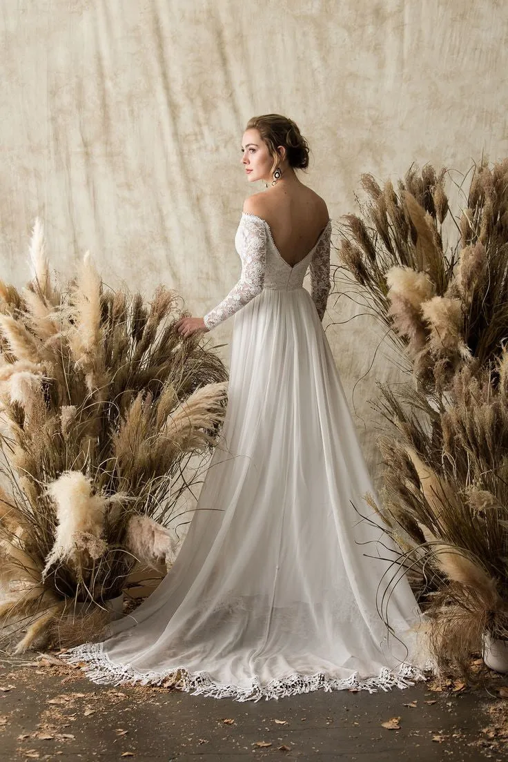 Chiffon&Lace Sleeves Beach Wedding Dresses with Tassel Train