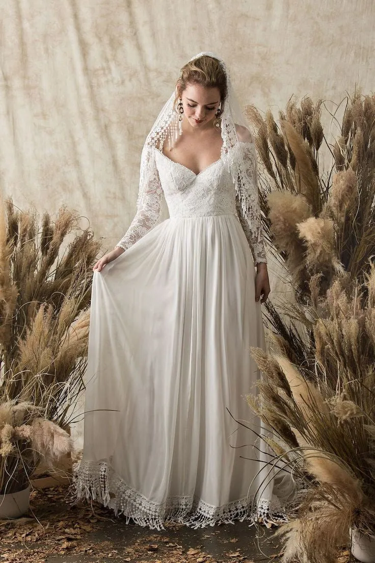 Chiffon&Lace Sleeves Beach Wedding Dresses with Tassel Train