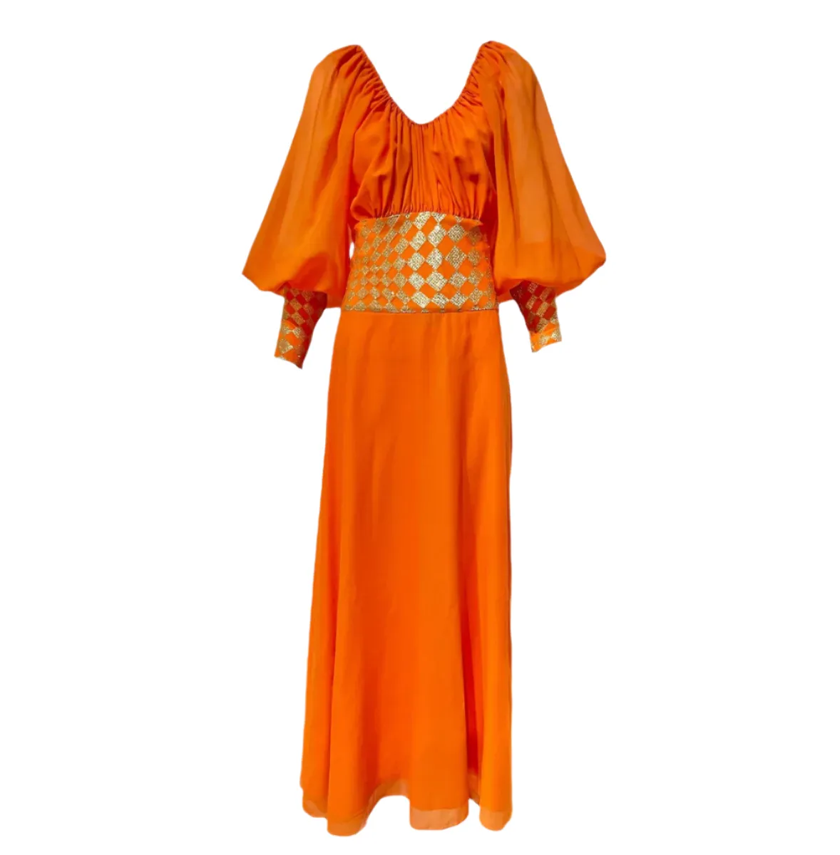 Christian Dior Boutique S/S 1968 Byzantine Orange and Gold Lamé Bohemian Gown