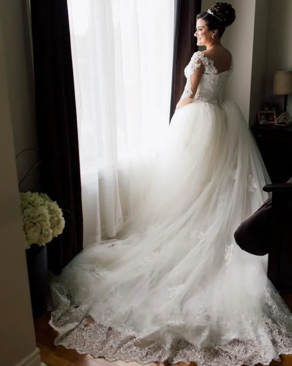 Classic Lace Wedding Dresses with Long Sleeve Sexy V-Neck 2021 Tulle Bridal Gowns Appliques