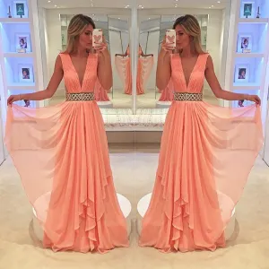 coral beaded prom dresses long deep v neck beaded chiffon a line pleated cheap senior formal prom gown