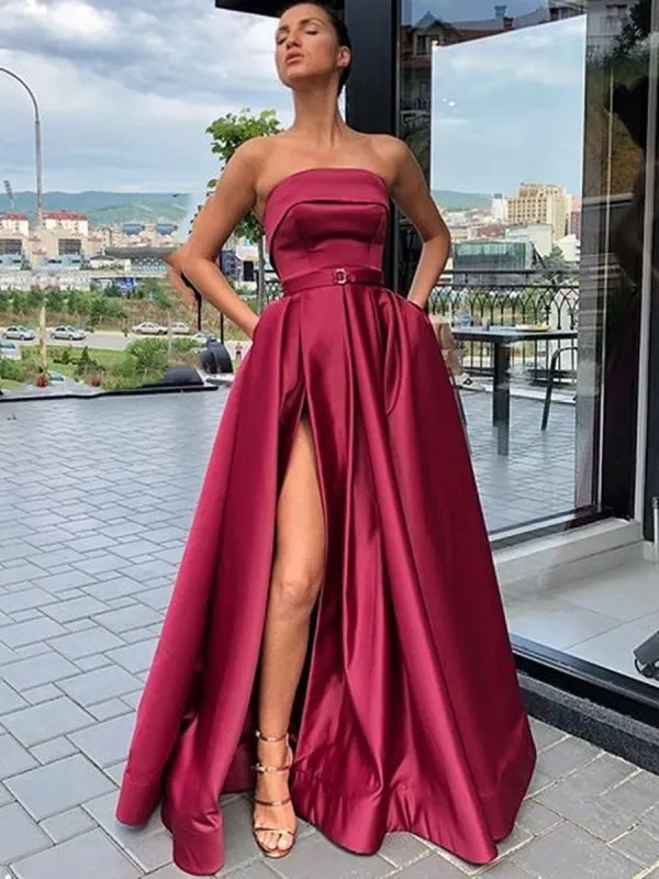 Custom Made A Line Burgundy Satin Long Prom with High Slit, Burgundy High Slit Long Formal Evening, Burgundy Graduation