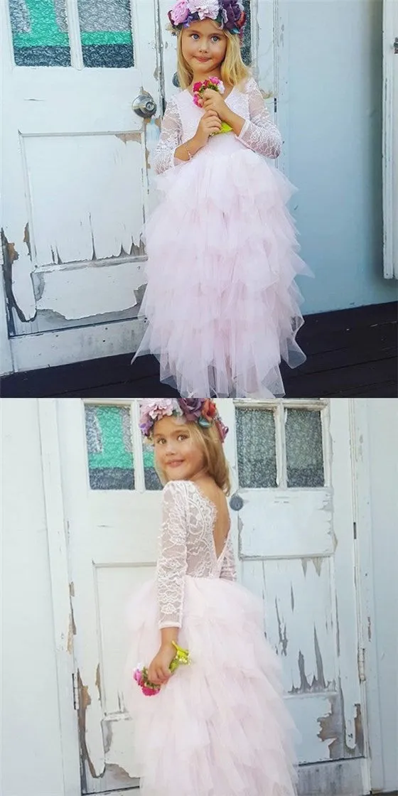 Cute Round Neck Backless Asymmetry Blush Pink Flower Girl Dresses with Lace, QB0088