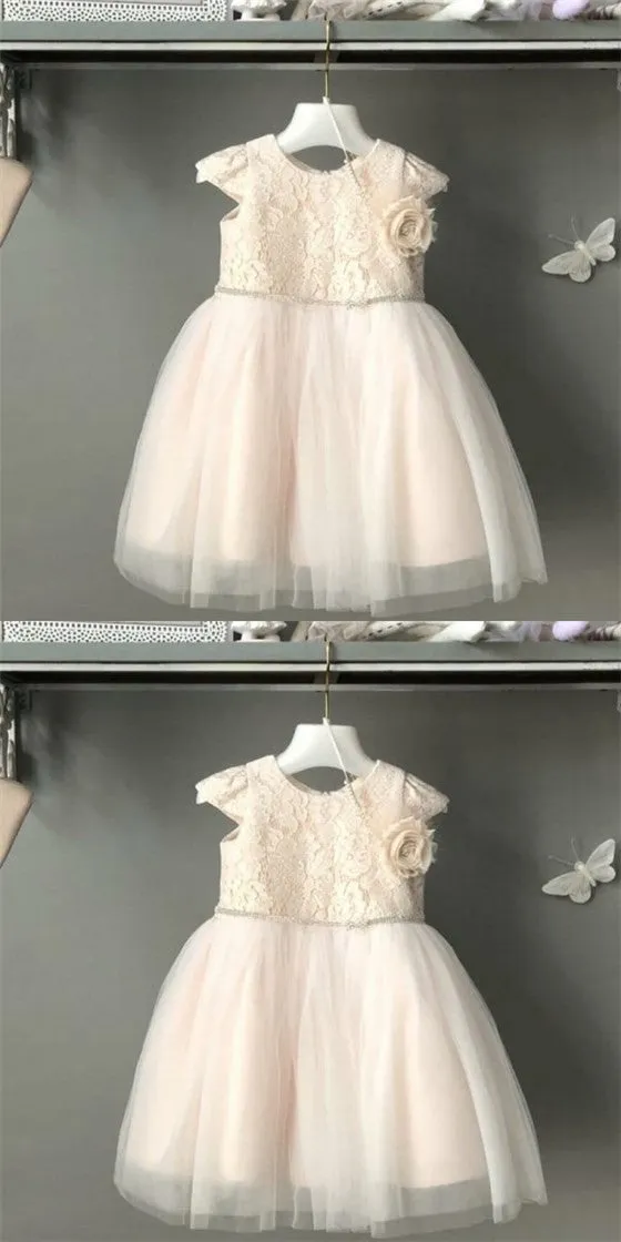 Cute Round Neck Blush Pink Flower Girl Dresses with Lace And Handmade Flower, QB0090