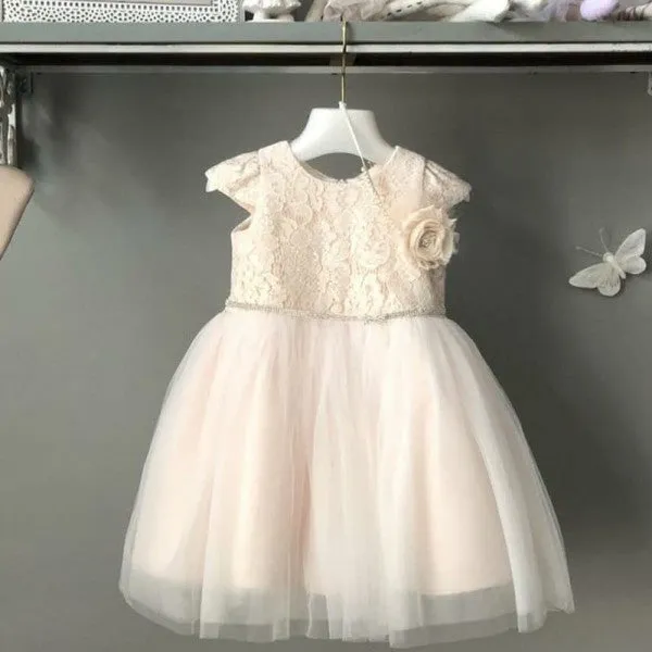 Cute Round Neck Blush Pink Flower Girl Dresses with Lace And Handmade Flower, QB0090