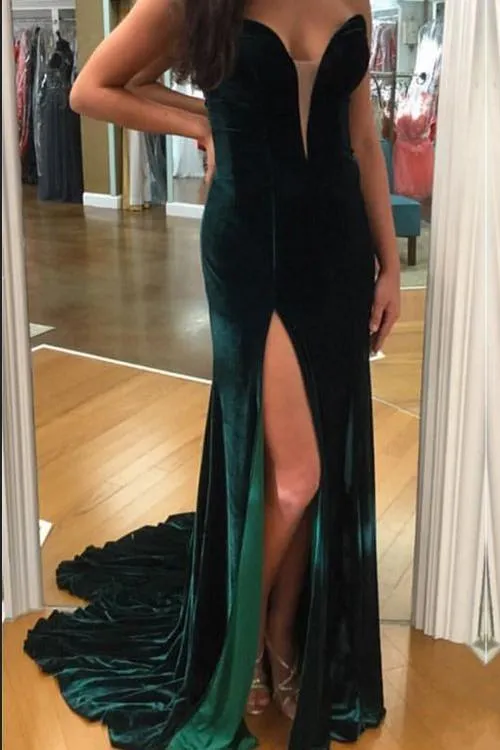 Dark Green Velvet Prom Gown Plunging V Neckline vestido de formatura