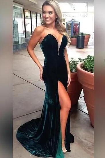 Dark Green Velvet Prom Gown Plunging V Neckline vestido de formatura
