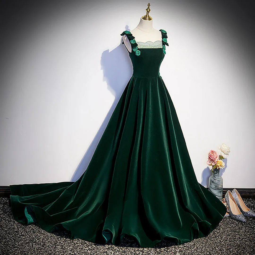 Dark Green Velvet Straps Long Formal Dress with Flowers, Green Evening Dress Prom Dress