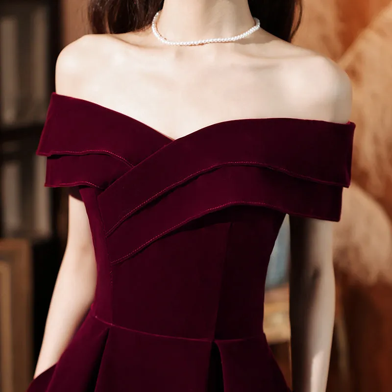 Dark Red Velvet Long Party Dress Prom Dress 2022, A-line Formal Dresses Evening Dresses