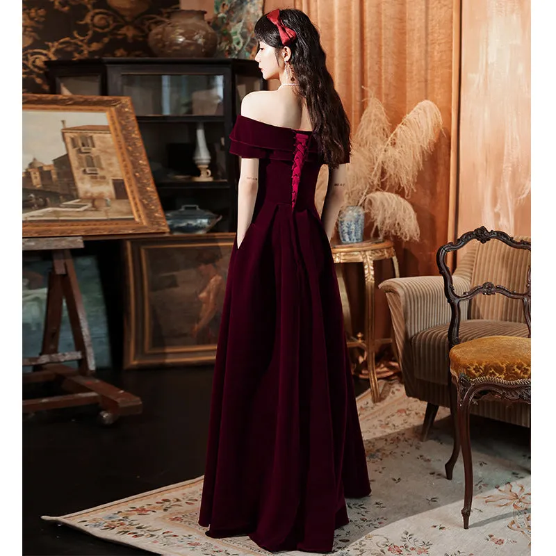 Dark Red Velvet Long Party Dress Prom Dress 2022, A-line Formal Dresses Evening Dresses