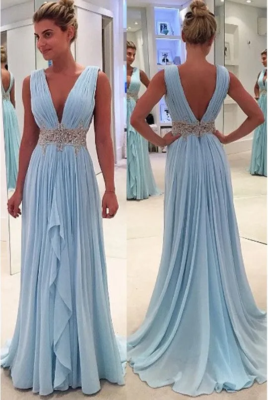 deep v neck beaded prom dresses long 2020 light blue chiffon cheap senior formal dress prom gown