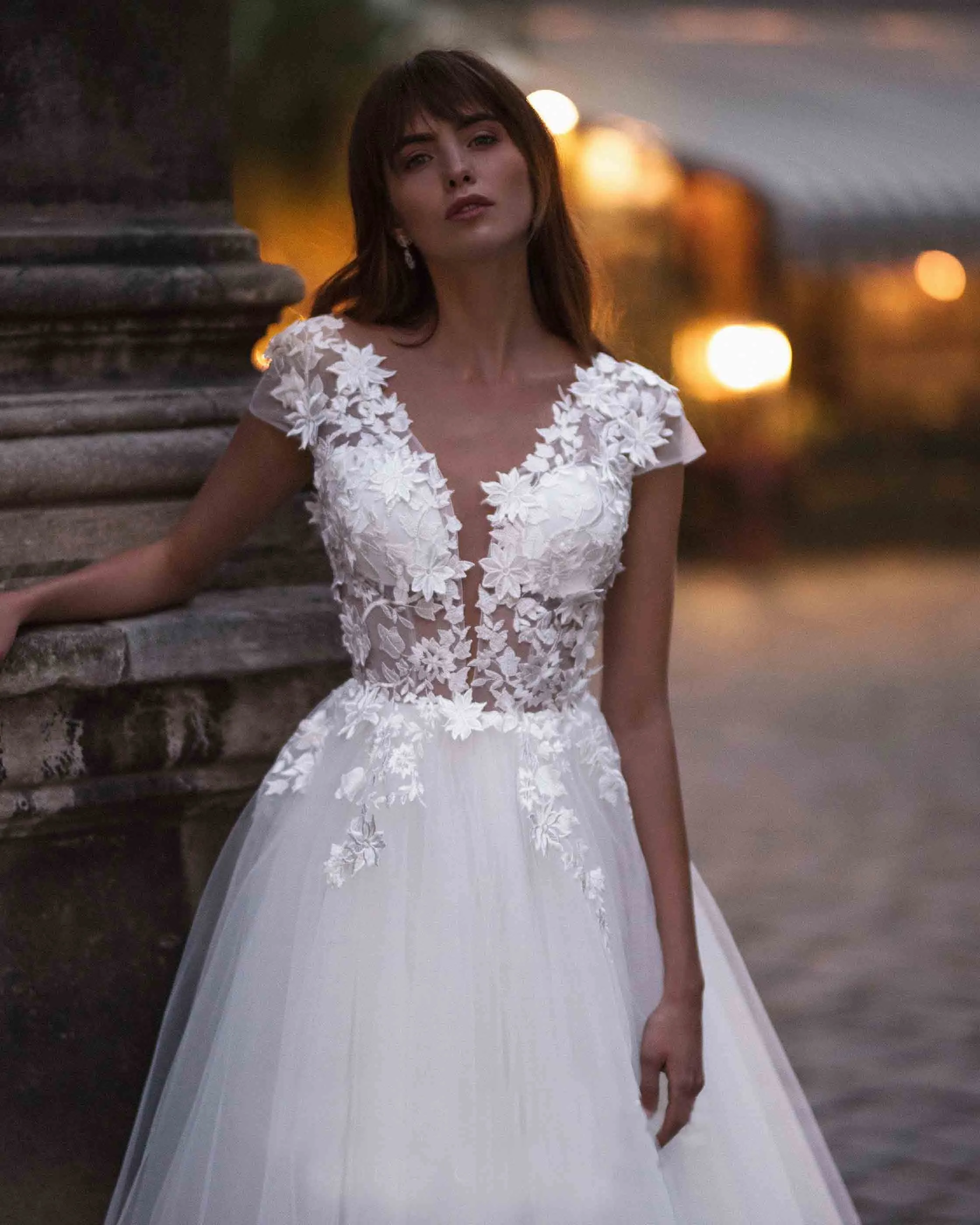 Delicate Lace Wedding Dresses with V-Neck Cap Sleeve Sexy Backless A-line Silhouette Tulle Skirt Bridal Gowns