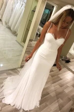 Double Straps Ivory Chiffon Wedding Gown with Lace Piece Skirt