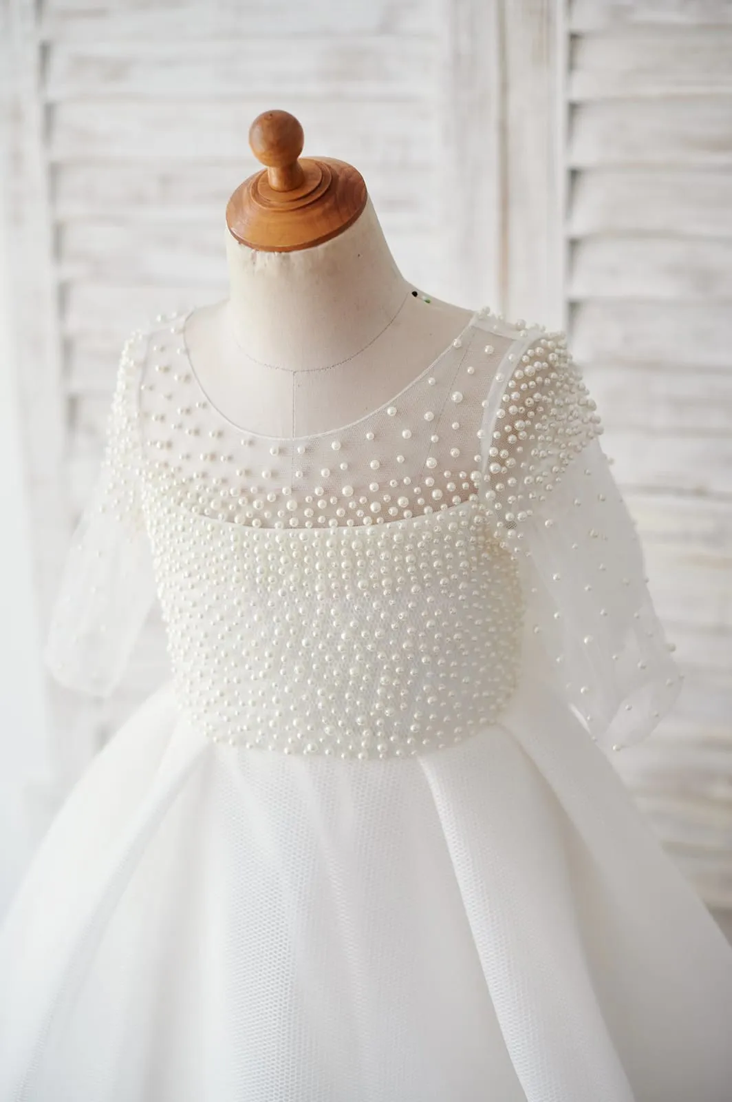 Elbow Sleeves Beaded Neoprene Tulle Wedding Flower Girl Dress, Bow