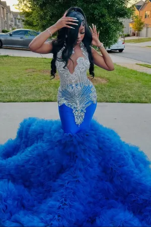 Elegant Blue Ruffles Mermaid Fit and Flare Silver Beaded Prom Dresses