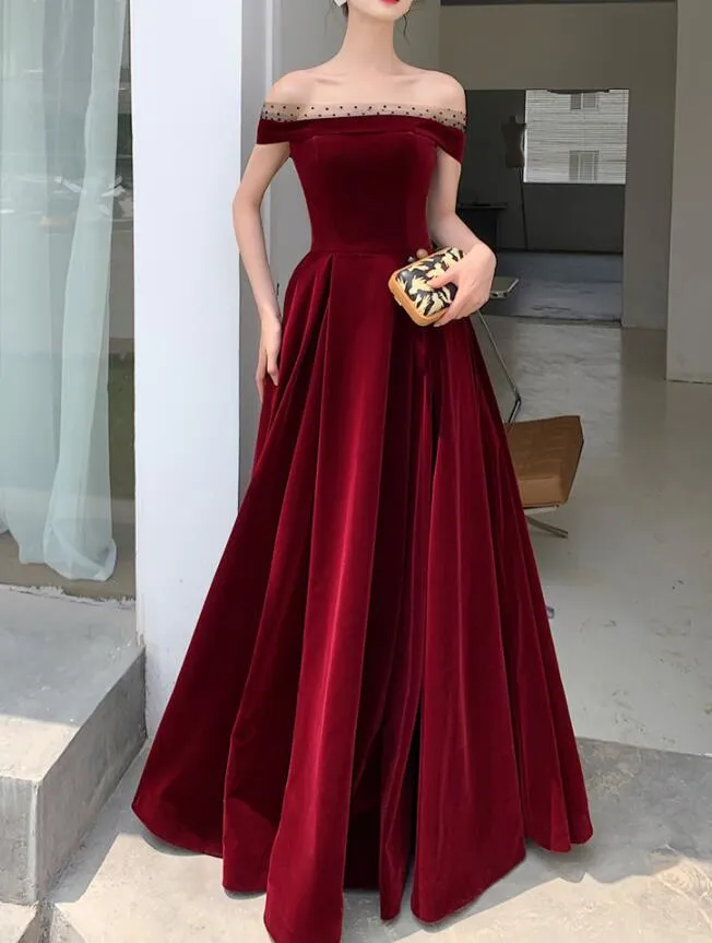 Elegant Burgundy Velvet A-line Lace-up Floor Length Party Dress, Dark Red Evening Dress Prom Dress