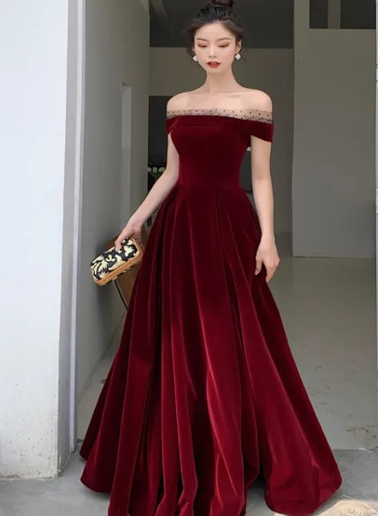 Elegant Burgundy Velvet A-line Lace-up Floor Length Party Dress, Dark Red Evening Dress Prom Dress