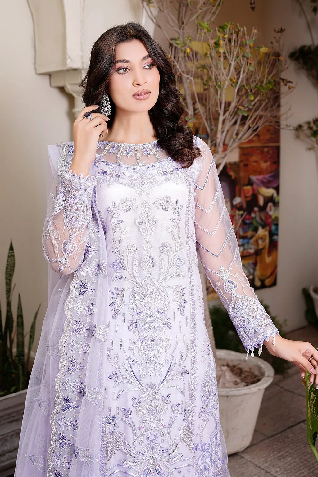 Elegant Lilac Embroidered Pakistani Party Dress in Kameez Gharara Style