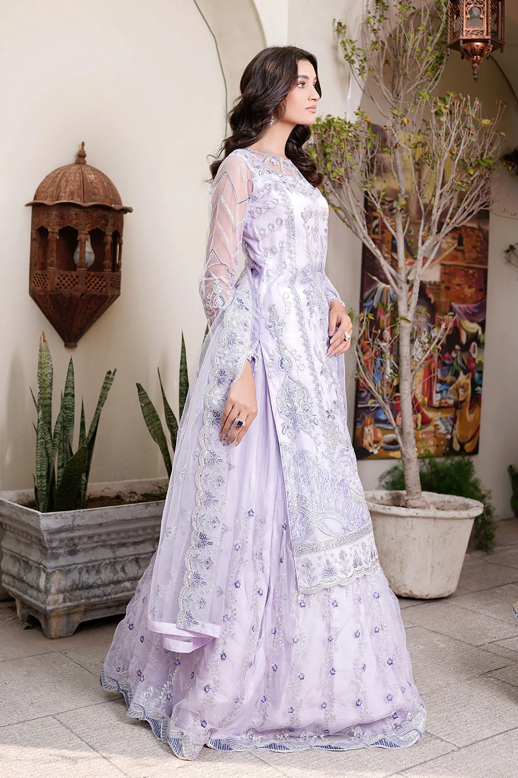 Elegant Lilac Embroidered Pakistani Party Dress in Kameez Gharara Style