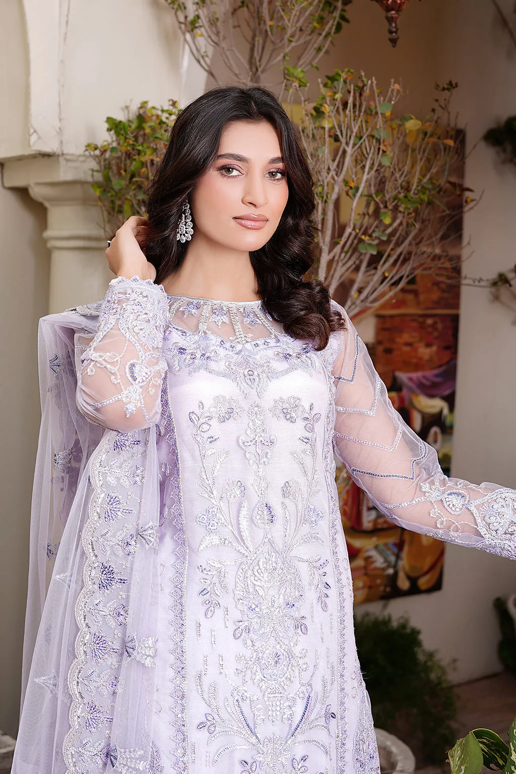 Elegant Lilac Embroidered Pakistani Party Dress in Kameez Gharara Style