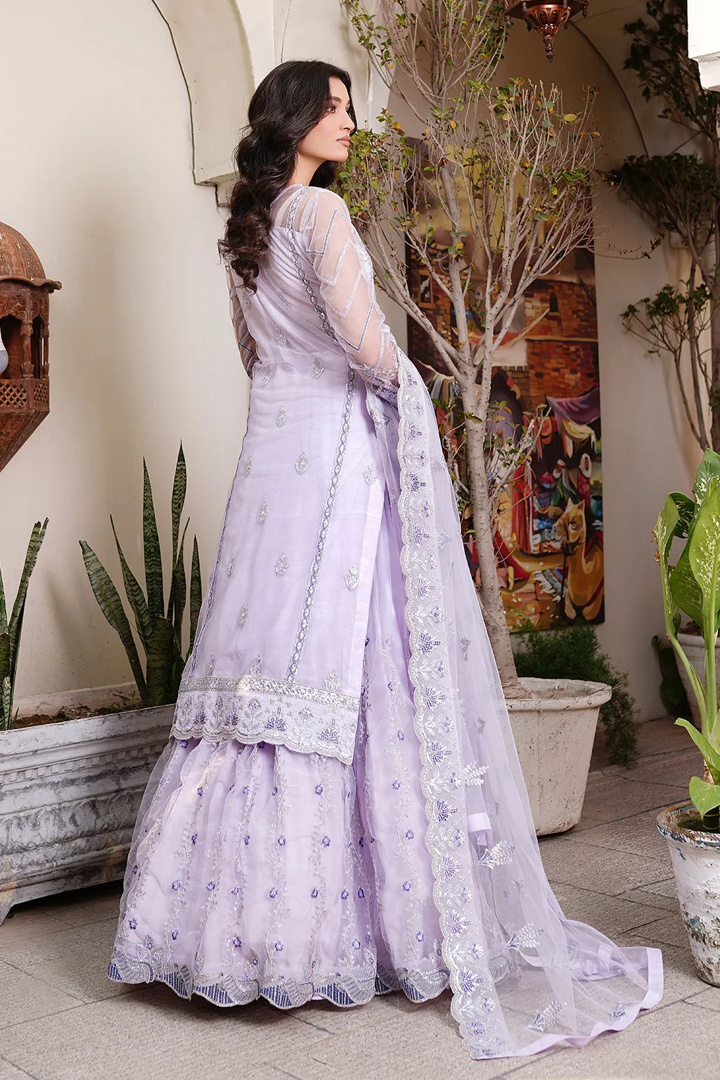 Elegant Lilac Embroidered Pakistani Party Dress in Kameez Gharara Style