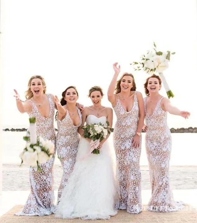 Elegant Mermaid V-neck Long Cheap Ivory Lace Bridesmaid Dresses, TYP1831
