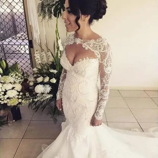 Elegant Popular Newest Mermaid Open Back Long Sleeves Tulle Wedding Dress with Lace and Pearls, WD0203