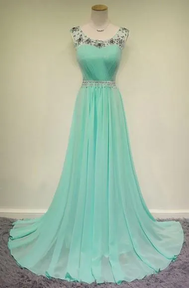 Elegant Scoop Court Train Beading Chiffon Green Long Prom Dress TP0120