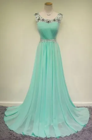 Elegant Scoop Court Train Beading Chiffon Green Long Prom Dress TP0120