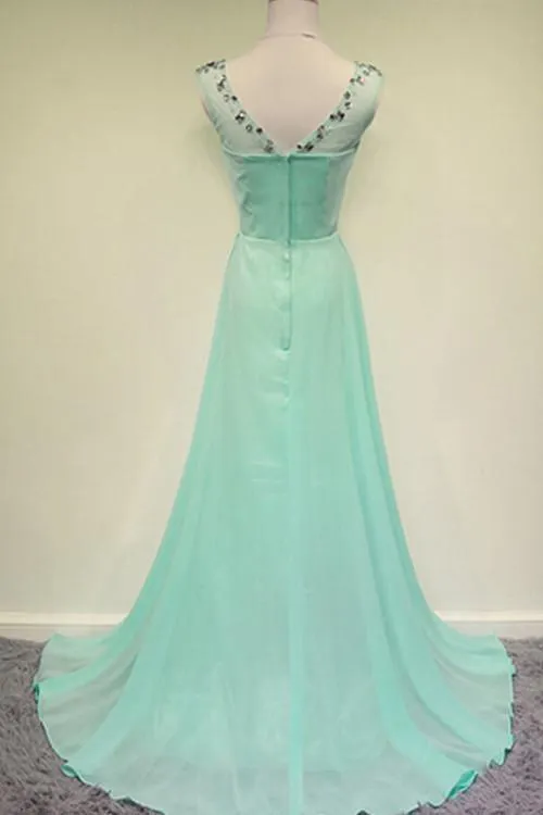 Elegant Scoop Court Train Beading Chiffon Green Long Prom Dress TP0120