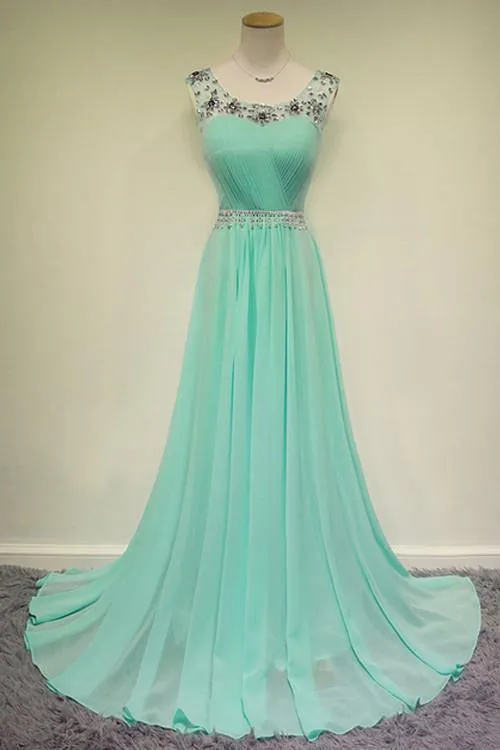 Elegant Scoop Court Train Beading Chiffon Green Long Prom Dress TP0120