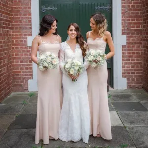 Elegant Spaghetti Straps Blush Pink Elastic Silk Mermaid Long Cheap Bridesmaid Dresses, BDS0062