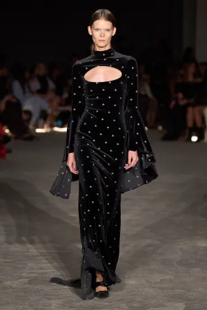 Embellished Velvet Cut Out Cape Long Sleeve Gown