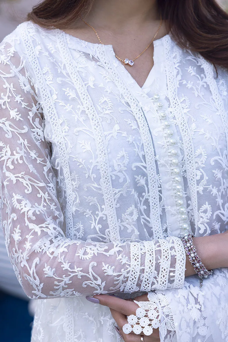 Embroidered White Long Frock Dupatta Pakistani Party Dresses