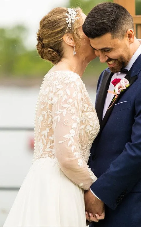 Ethereal A-Line Plunging Neck Sweep Train Tulle Wedding Dress with Appliques-716472