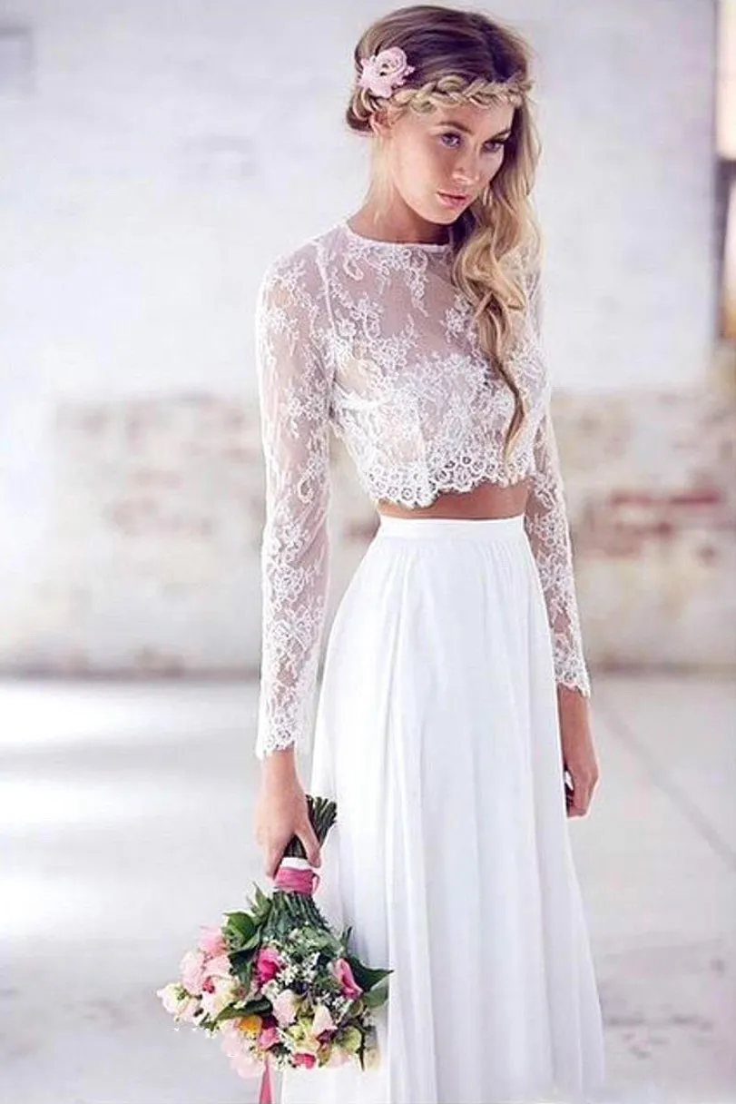 Ethereal Bohemian Tall Brides Two Piece Floor Length Wedding Dress With Pleats