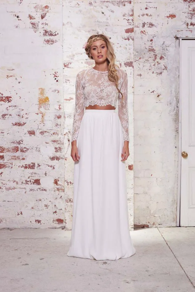 Ethereal Bohemian Tall Brides Two Piece Floor Length Wedding Dress With Pleats