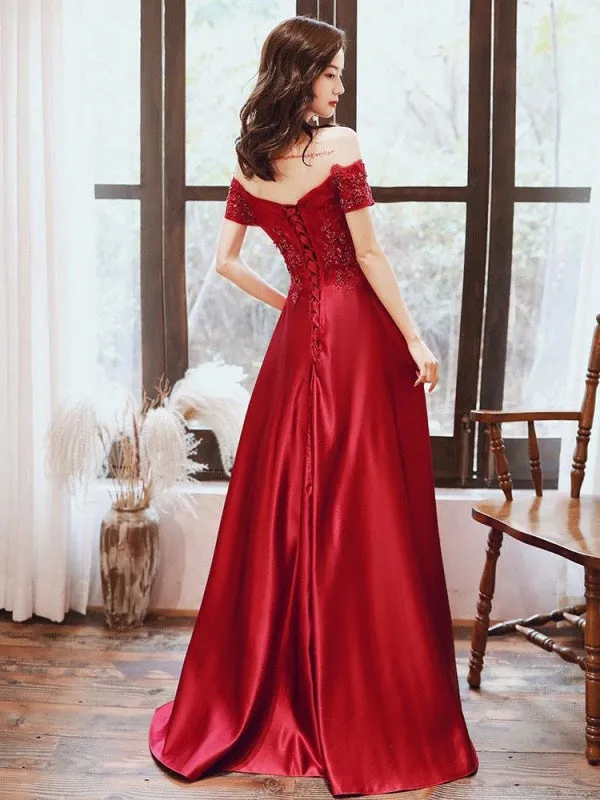 Evening Dress A-Line Bateau Neck Floor-Length Short Sleeves Lace-Up Beaded Matte Satin Prom Dress
