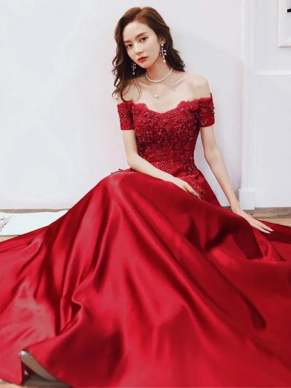 Evening Dress A-Line Bateau Neck Floor-Length Short Sleeves Lace-Up Beaded Matte Satin Prom Dress