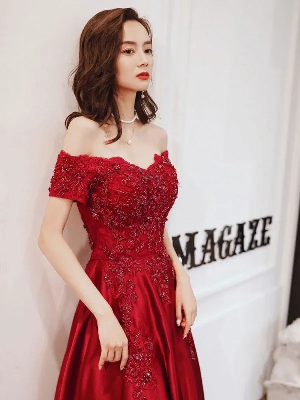 Evening Dress A-Line Bateau Neck Floor-Length Short Sleeves Lace-Up Beaded Matte Satin Prom Dress