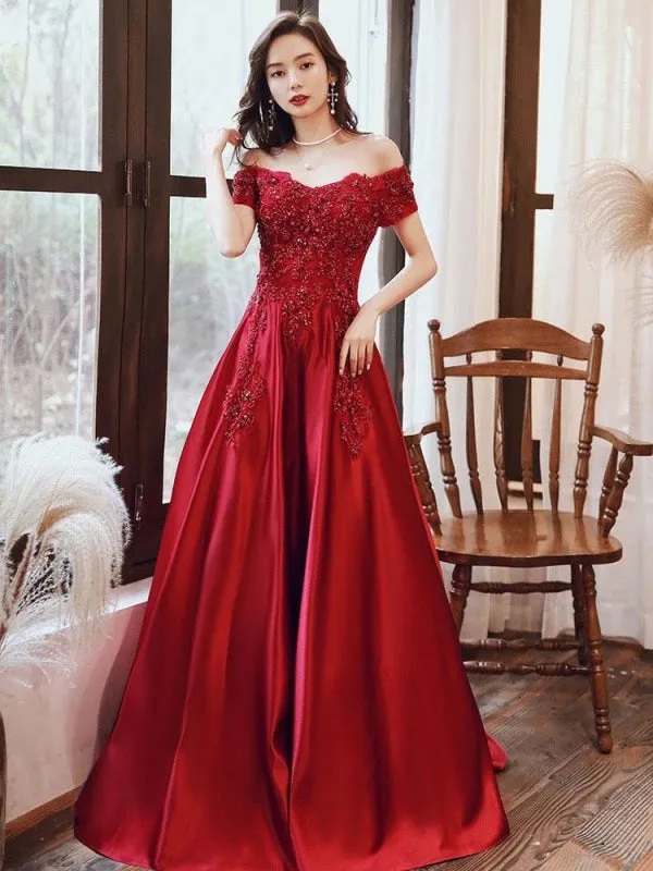 Evening Dress A-Line Bateau Neck Floor-Length Short Sleeves Lace-Up Beaded Matte Satin Prom Dress
