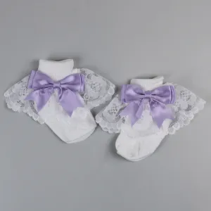 Fancy Baby Girl White Socks with Lilac Bow and Lace Trim