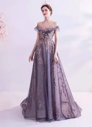 [Final Sale] Dusty Purple Gold Beading Embroidery Formal Gown