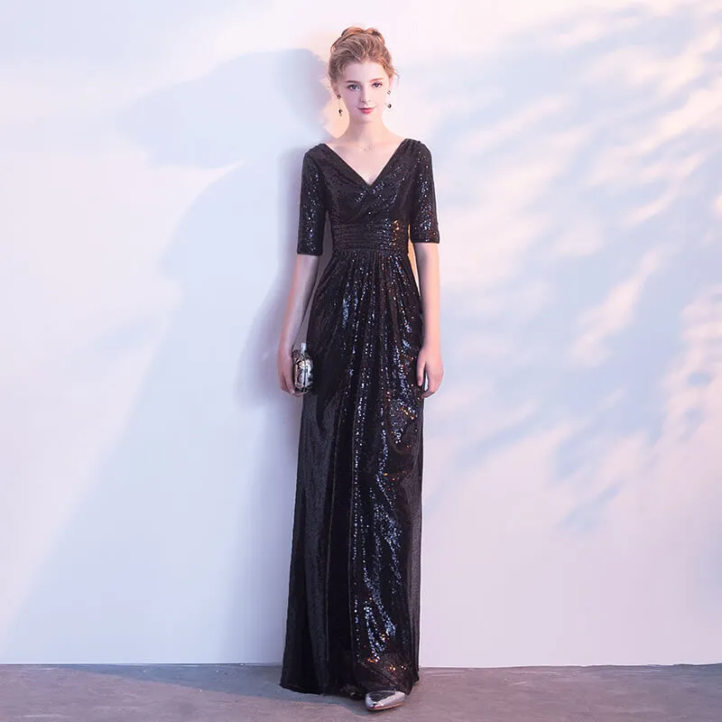 [Final Sale] Rose Gold V Cut Sleeves Sequined Evening Dress