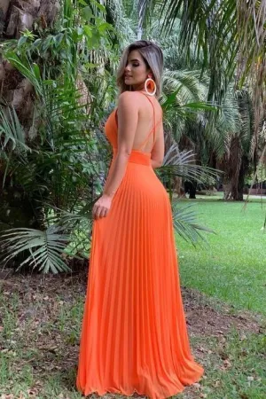 Floor Length Orange Chiffon Prom Dresses Pleated Skirt