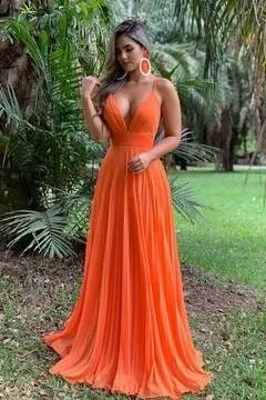 Floor Length Orange Chiffon Prom Dresses Pleated Skirt