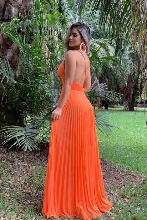 Floor Length Orange Chiffon Prom Dresses Pleated Skirt